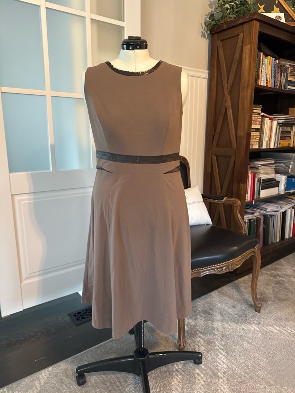 Anne Klein Sleeveless Taupe Dress with Brown Trim